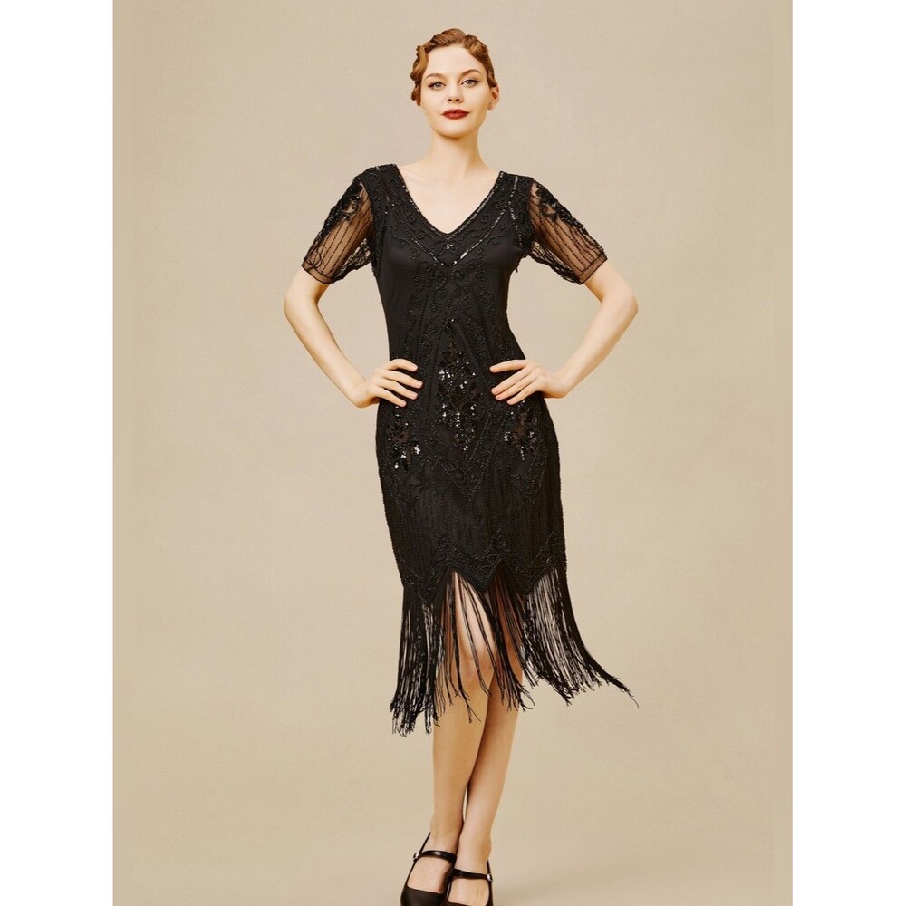 Babeyond Vintage Paisley Flapper Fringe Dress Black Beaded Gatsby Art Deco L